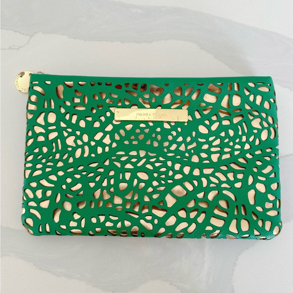 Ivanka Trump Green and Gold Laser-Cut Clutch